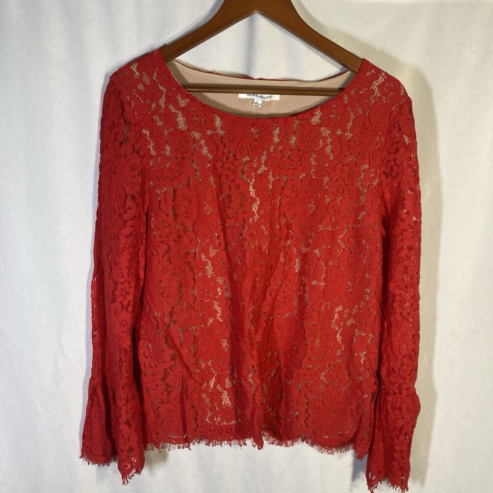 ROSE & OLIVE red floral lace overlay scoop neck long sleeves flared cuffs top L
